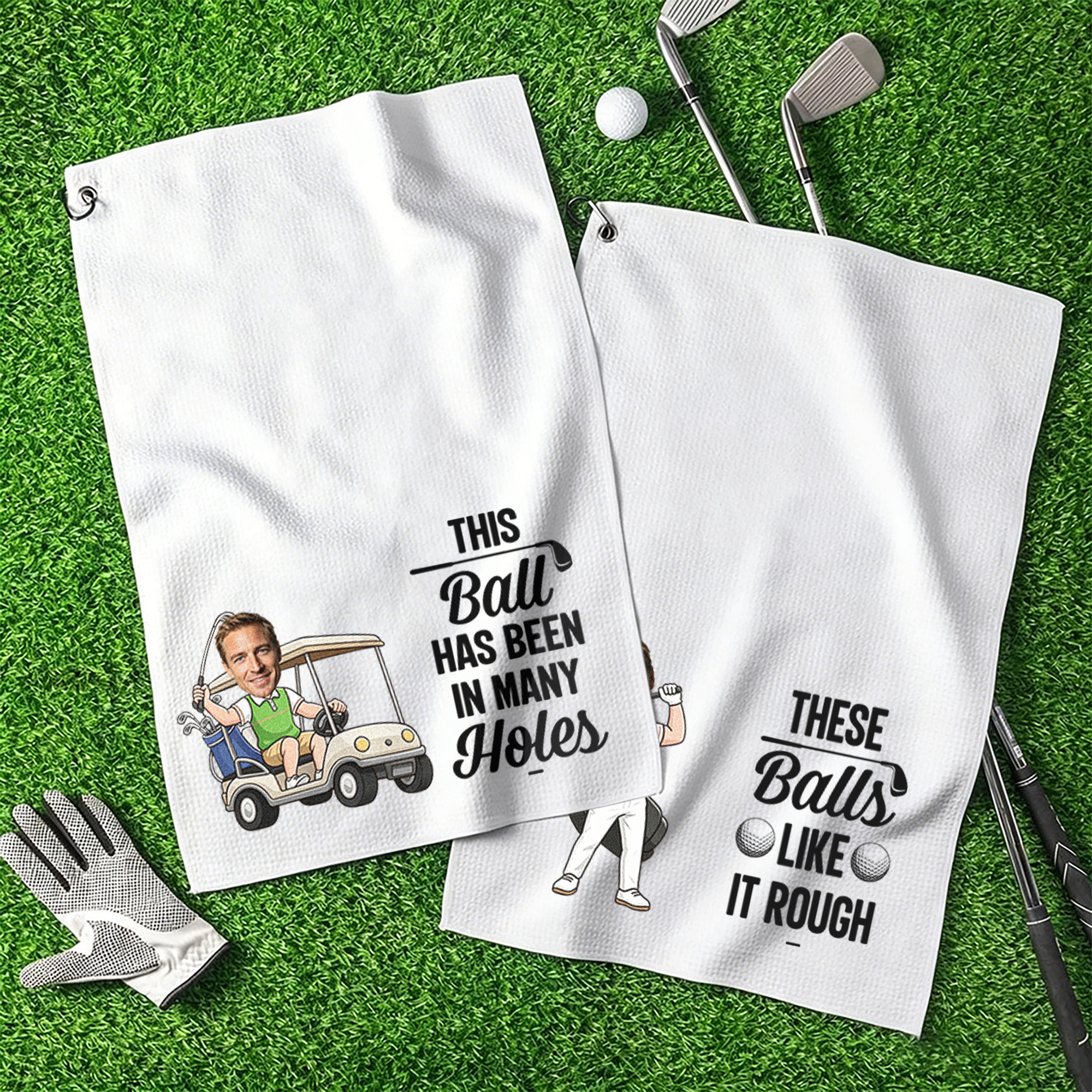 Personalisiertes, mehrfarbiges Golfhandtuch mit Cartoon-Figur und Foto, Text und Karabinerhaken – Vatertags- und Geburtstagsgeschenk für den golfbegeisterten Vater oder Ehemann