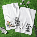Serviette de golf moelleuse personnalisée avec photo du visage en version personnage de dessin animé multicolore, texte et mousqueton – Cadeau d'anniversaire ou pour la fête des pères pour un papa ou 