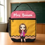 Personalized Cartoon Teacher Character Pencil Crayon Waterproof Insulated Lunch Bag with Text Teacher's Day Back to School Gift for Teacher