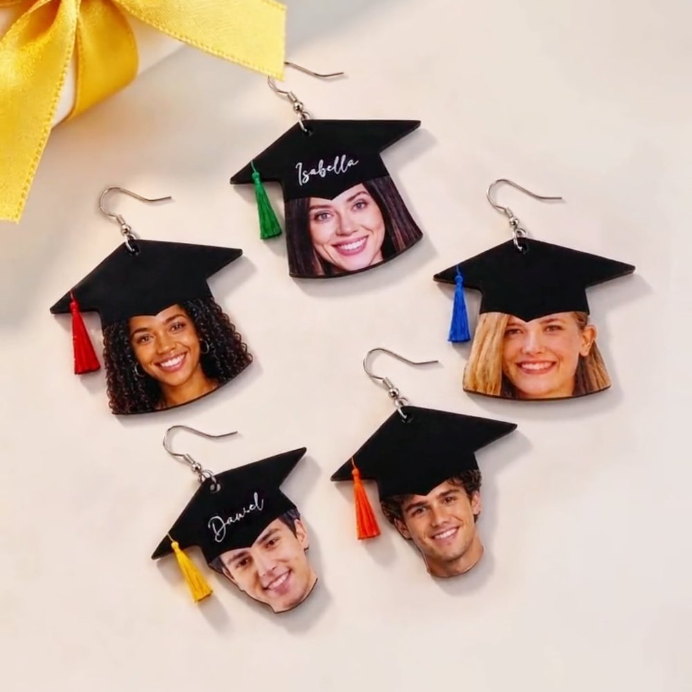 Personalized Funny Graduation Cap HD Clear Face Photo Acrylic Dangle Earrings with Name Graduation Party Gift for Class of 2026 Graduates 3