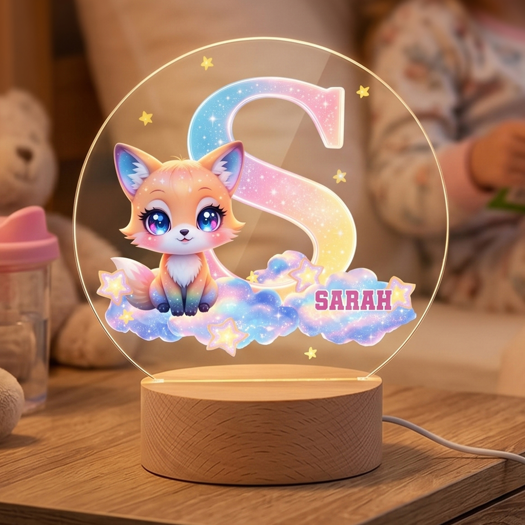 Personalisiertes niedliches LED-Nachtlicht mit Regenbogentieren, Namen und Holzsockel – Raumdekoration, Geburtstagsgeschenk für Kinder
