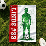 Personalised Teen Soccer Silhouette Super Absorbent Waffle Sports Towel with Text and Hanging Clip Birthday Team Gift for Soccer Lover