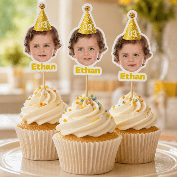 Personalized Birthday Hat Photo Cupcake Topper with Name and Number Party Supplies Baby Shower Birthday Gift for New Parents Kids