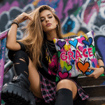 Personalized Graffiti Style Soft Throw Pillow Cover with Name Room Decor Daily Use Birthday Gift for Teenagers Kids