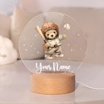 Personalized Adorable Sports Teddy Bear Acrylic LED Night Light with Name and Wooden Base Nursery Decor Baby Shower Birthday Gift for Kids Boys
