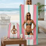 Telo mare oversize personalizzato con foto, a strisce verticali multicolori e asciugatura rapida, con nome e borsa: regalo perfetto per feste in spiaggia e compleanni, per la famiglia e gli amanti deg