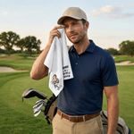 Serviette de golf moelleuse personnalisée avec photo du visage en version personnage de dessin animé multicolore, texte et mousqueton – Cadeau d'anniversaire ou pour la fête des pères pour un papa ou 