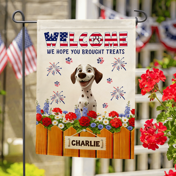 Personalised Independence Day Theme Cartoon Dog Garden Flag with 1-3 Names Yard Decor American Independence Day Gift for Americans Pet Lovers