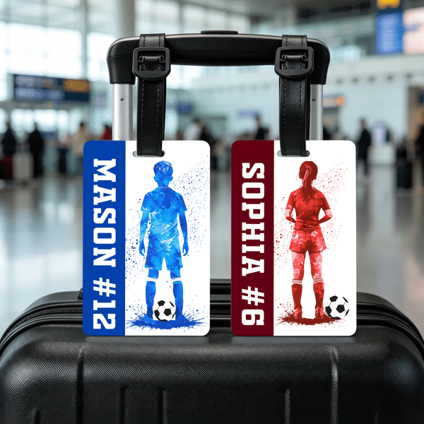 Personalized Teen Silhouette Soccer Luggage Tag with Name Travel Accessory Birthday Team Gift for Soccer Lover
