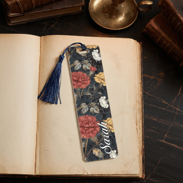 Personalised Dark Academy Style Birth Flower Acrylic Bookmark with Name and Tassel Reading Supplies Book Club Birthday Gift for Reader Book Lover