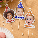 Personalized Birthday Hat Photo Cupcake Topper with Name and Number Party Supplies Baby Shower Birthday Gift for New Parents Kids