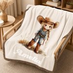 Personalised Cartoon Cowboy Cowgirl Tassel Soft Throw Blanket with Name Home Decor Birthday Gift for Kids Cowboy Lovers