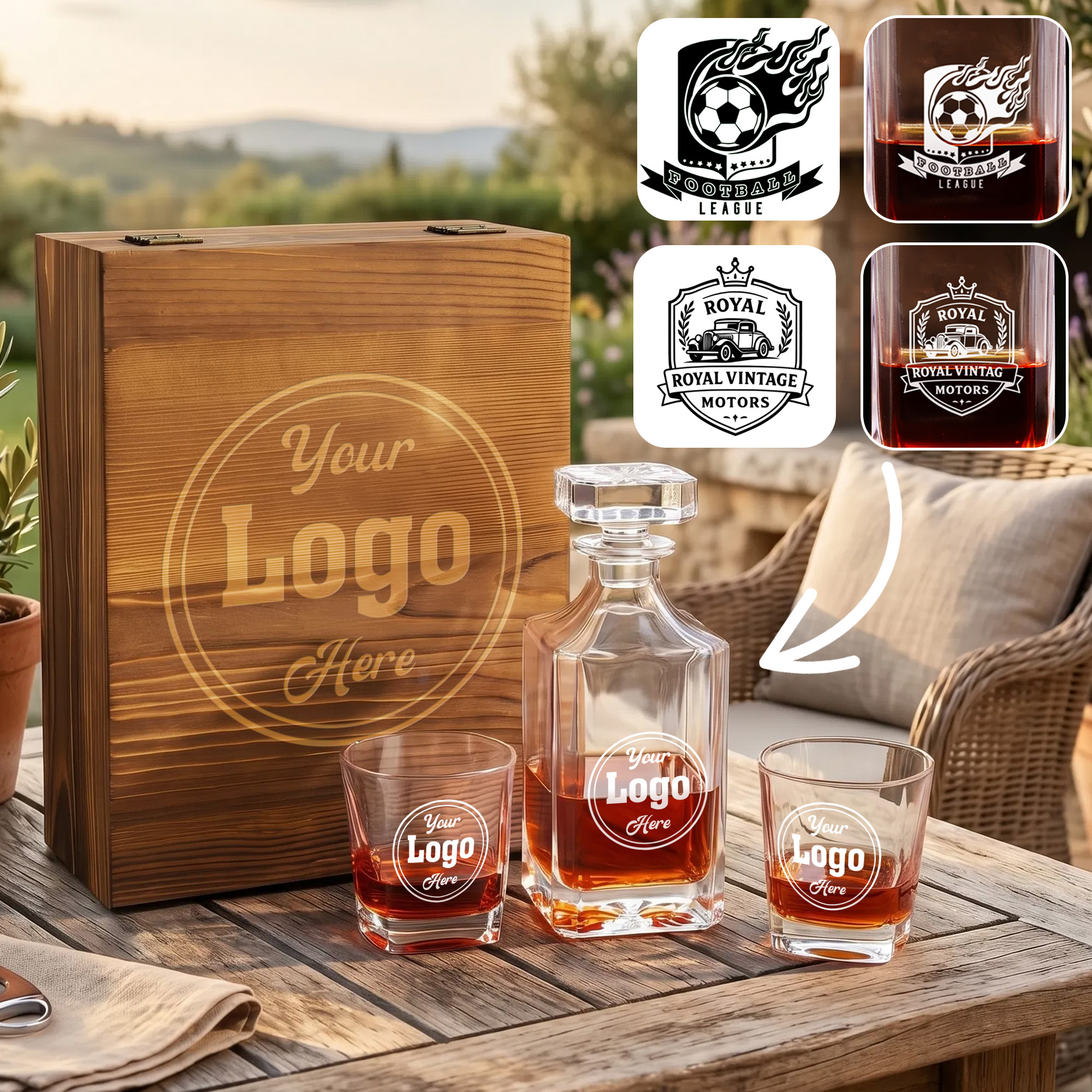Personalisiertes Set aus Whisky-Dekanter, Gläsern und Aufbewahrungsbox aus Holz – Geburtstags- und Jubiläumsgeschenk für den Barkeeper