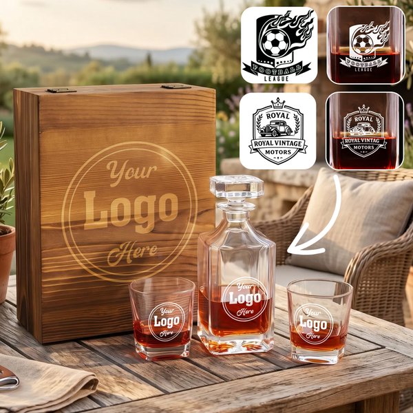 Personalized Photo Whiskey Decanter Glasses Wooden Storage Box Set Birthday Anniversary Gift for Bartender Man