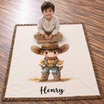 Personalised Cartoon Cowboy Cowgirl Tassel Soft Throw Blanket with Name Home Decor Birthday Gift for Kids Cowboy Lovers
