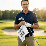 Serviette de golf moelleuse personnalisée avec photo du visage en version personnage de dessin animé multicolore, texte et mousqueton – Cadeau d'anniversaire ou pour la fête des pères pour un papa ou 