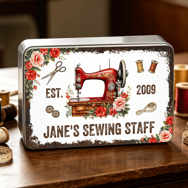 Personalised Vintage Floral Sewing Machine Sewing Kit Set Storage Box with Year and Text Birthday Gift for Tailor Sewing Lover