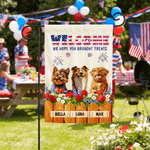 Personalised Independence Day Theme Cartoon Dog Garden Flag with 1-3 Names Yard Decor American Independence Day Gift for Americans Pet Lovers