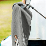 Serviette de golf moelleuse personnalisée avec photo du visage en version personnage de dessin animé multicolore, texte et mousqueton – Cadeau d'anniversaire ou pour la fête des pères pour un papa ou 