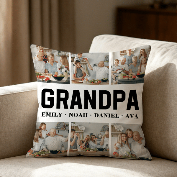Personalised Multicolour 6 Photos Soft Cushion Cover with Name and Title Daily Use Mother's Day Father's Day Birthday Gift for Dad Mom Grandpa
