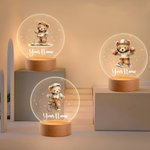 Personalized Adorable Sports Teddy Bear Acrylic LED Night Light with Name and Wooden Base Nursery Decor Baby Shower Birthday Gift for Kids Boys