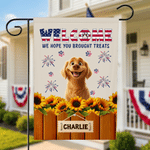 Personalised Independence Day Theme Cartoon Dog Garden Flag with 1-3 Names Yard Decor American Independence Day Gift for Americans Pet Lovers
