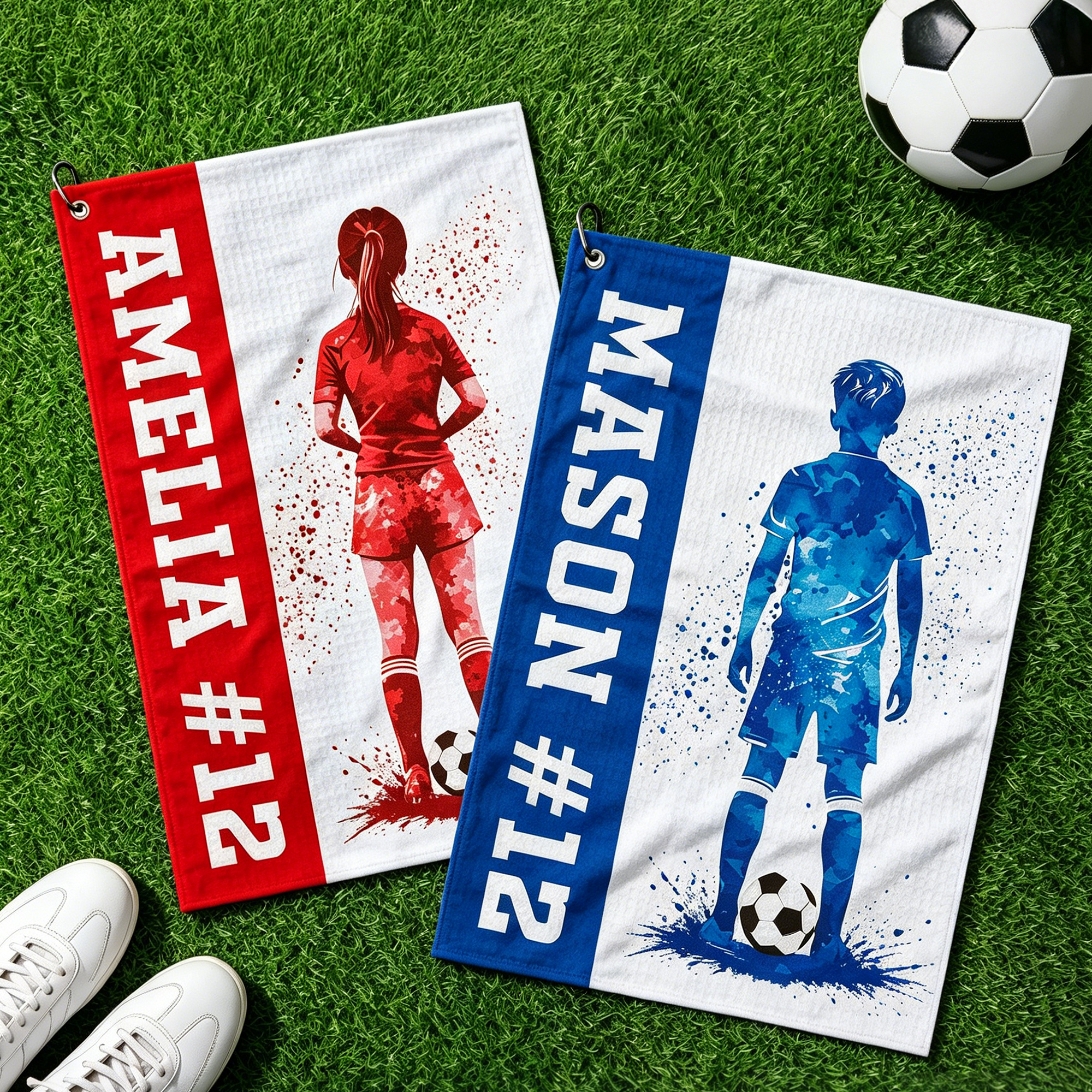 Personalisiertes Fußball-Handtuch für Jugendliche mit Silhouette, besonders saugfähig, Waffelstruktur, mit Text und Aufhängeklammer – Geburtstagsgeschenk für Fußballfans