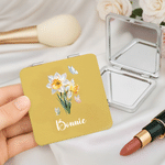Personalised Birth Flower Compact Heart Round Square Makeup Mirror with Name Birthday Anniversary Gift for Women
