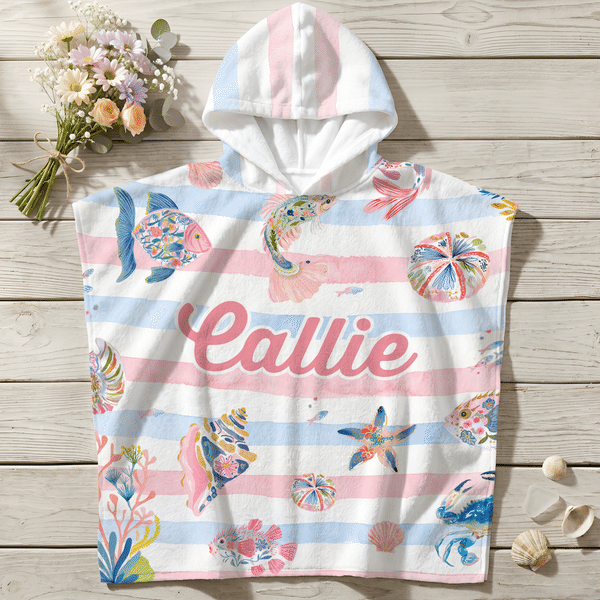Personalised Conch Starfish Ocean Creatures Oversized Quick Dry Hooded Beach Towel with Name Summer Holiday Beach Party Birthday Gift for Kids