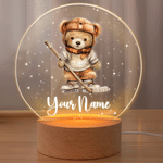 Personalized Adorable Sports Teddy Bear Acrylic LED Night Light with Name and Wooden Base Nursery Decor Baby Shower Birthday Gift for Kids Boys