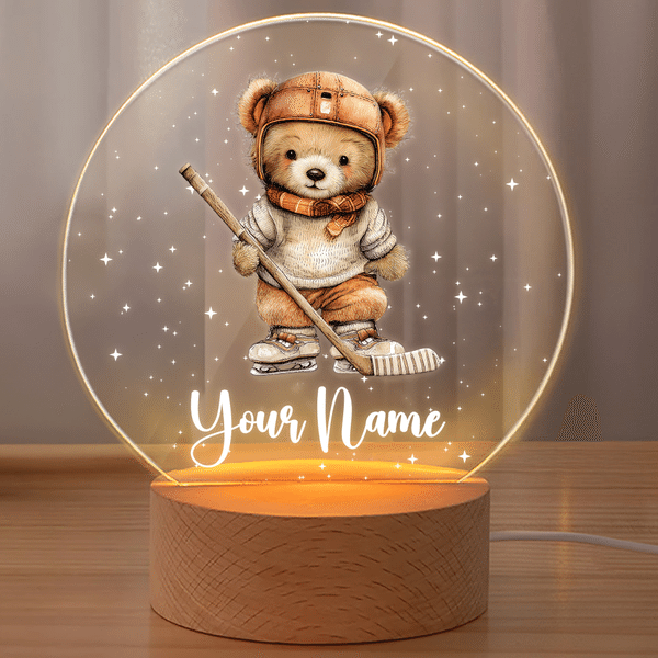 Personalized Adorable Sports Teddy Bear Acrylic LED Night Light with Name and Wooden Base Nursery Decor Baby Shower Birthday Gift for Kids Boys