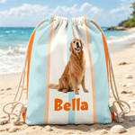 Personalized Multicolour Vertical Stripes Photo Drawstring Bag with Name Beach Party Summer Vacation Birthday Gift for Family Friends Pet Lovers