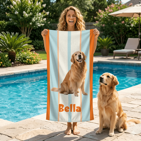 Personalized Multicolour Vertical Stripes Photo Quick Dry Oversized Beach Towel with Name and Bag Beach Party Birthday Gift for Family Pet Lovers