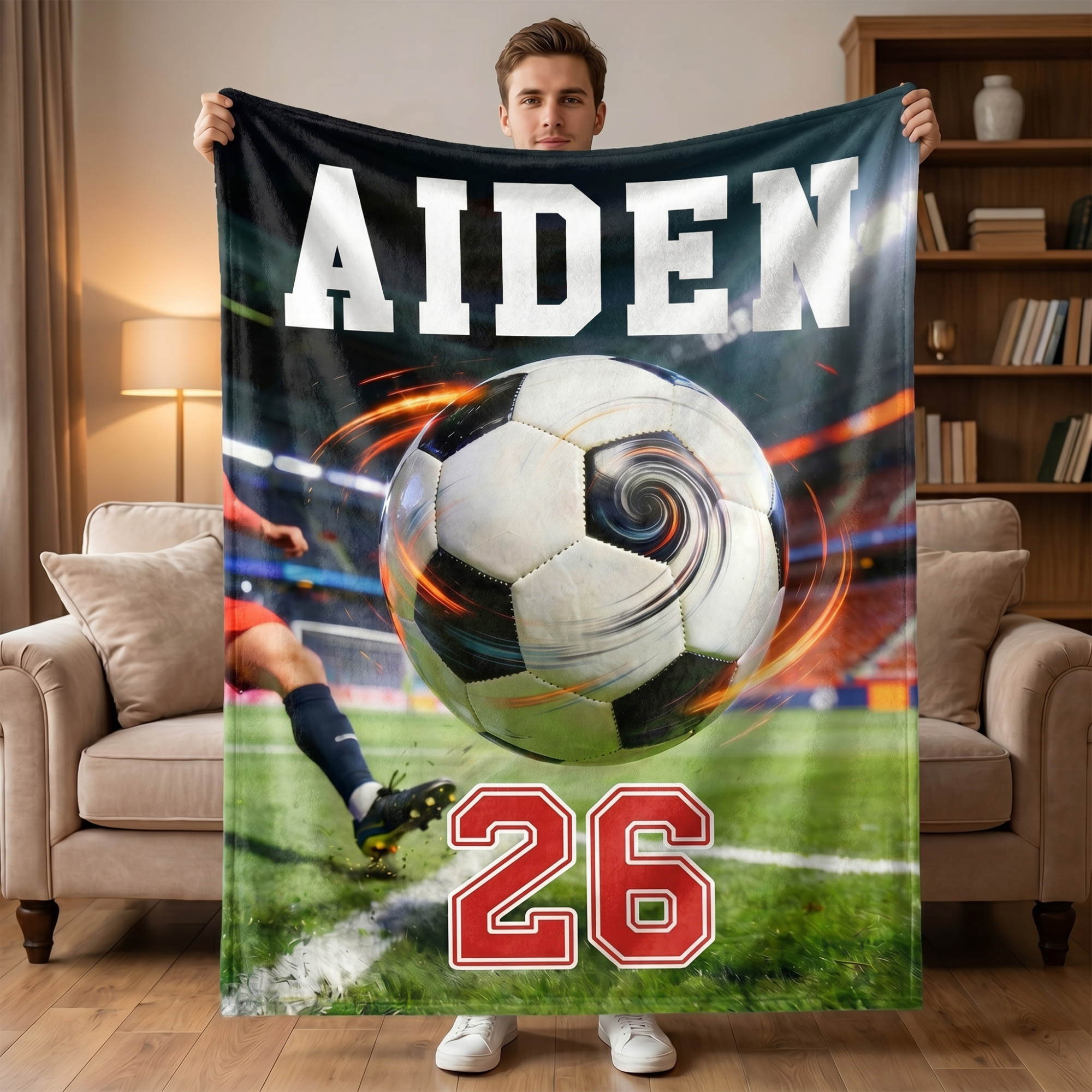 Individuell gestaltete, weiche Decke im Fußball-Design mit Namen und Nummer – Wohnaccessoire und Teamgeschenk für Sportfans zum Spieltag