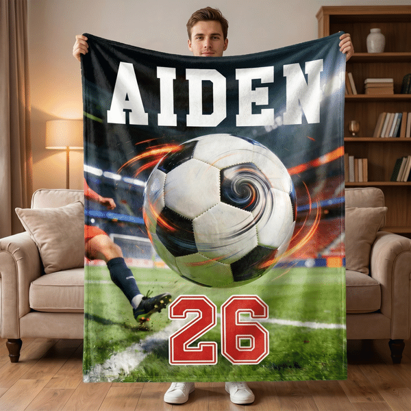 Personalised Soccer Football Sports Theme Design Soft Throw Blanket with Name and Number Home Decor Game Day Team Gift for Sports Fan