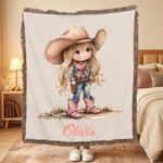 Personalised Cartoon Cowboy Cowgirl Tassel Soft Throw Blanket with Name Home Decor Birthday Gift for Kids Cowboy Lovers