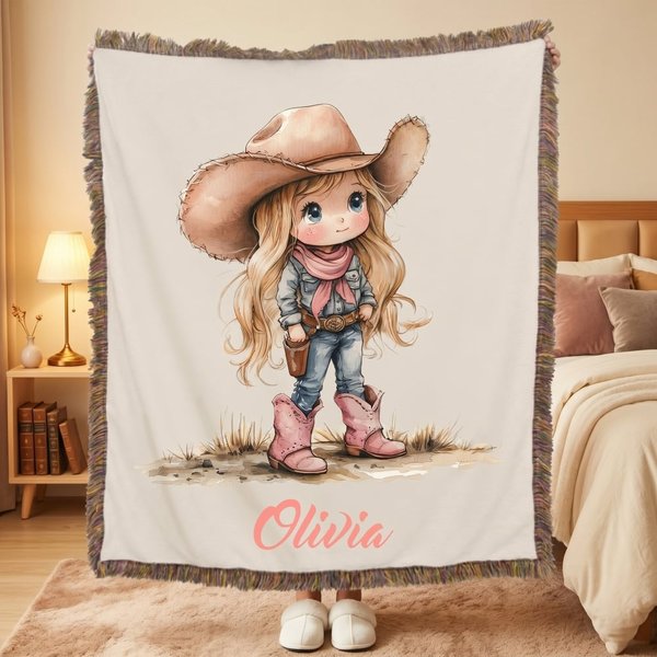 Personalised Cartoon Cowboy Cowgirl Tassel Soft Throw Blanket with Name Home Decor Birthday Gift for Kids Cowboy Lovers