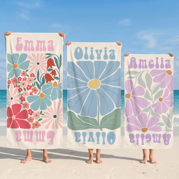 Personalized Multicolor Floral Oversized Quick Dry Magnetic Beach Towel with Name Summer Vacation Birthday Gift for Friend Family