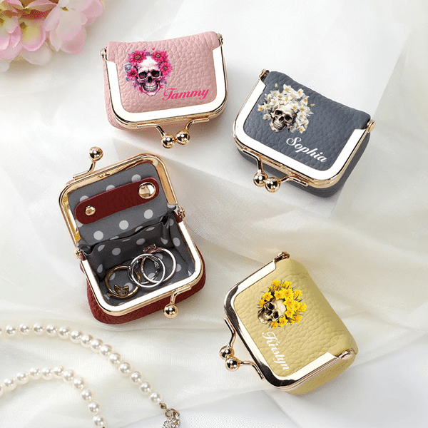 Personalised Birth Flower Skull PU Leather Mini Jewellery Box with Name and Kiss Lock Daily Use Birthday Gift for Girls Women Goth Enthusiasts