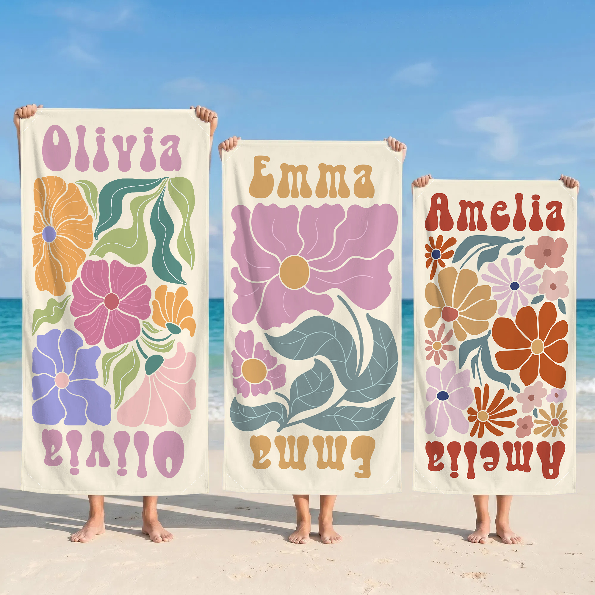 Personalisiertes großes Retro-Blumen Magnet-Strandtuch | schnelltrocknend | mit Namen | Outdoor Handtuch | Sommer Geburtstag Geschenk für Frauen