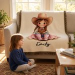 Personalised Cartoon Cowboy Cowgirl Tassel Soft Throw Blanket with Name Home Decor Birthday Gift for Kids Cowboy Lovers