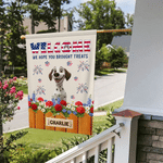 Personalised Independence Day Theme Cartoon Dog Garden Flag with 1-3 Names Yard Decor American Independence Day Gift for Americans Pet Lovers