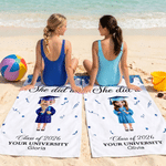 Personalized Grad Cap Cartoon Character Oversized Quick Dry Beach Towel with Name and Year Summer Vacation Beach Party Graduation Gift for Graduates
