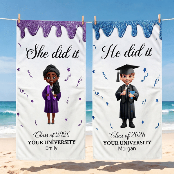 Personalized Grad Cap Cartoon Character Oversized Quick Dry Beach Towel with Name and Year Summer Vacation Beach Party Graduation Gift for Graduates