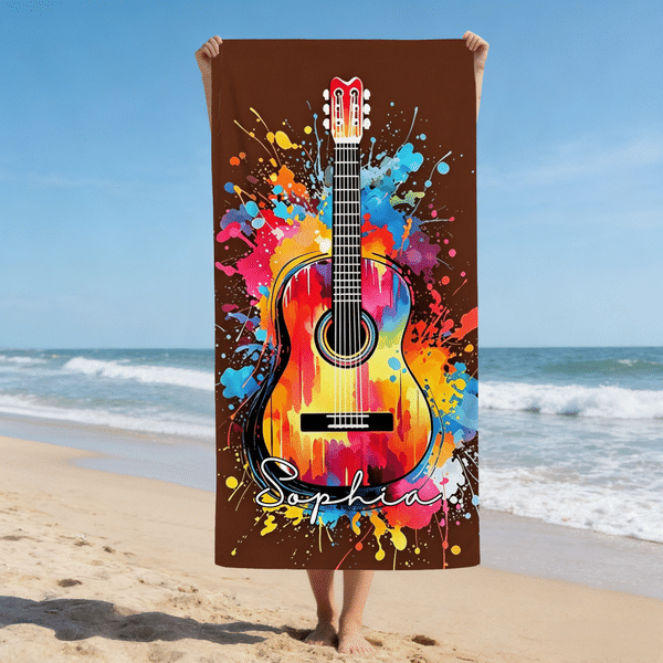 Personalized Musical Instrument Soft Quick Dry Beach Towel with Name Summer Vacation Beach Party Music Festival Gift for Music Lover Friend