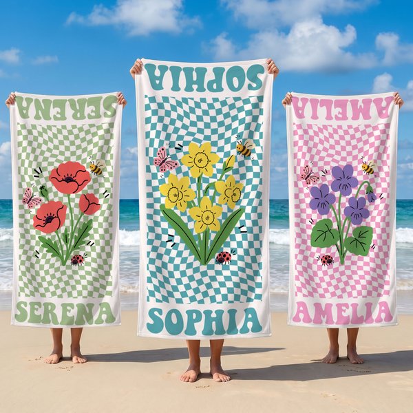 Personalised Multicolor Birth Flower Checkerboard Quick Dry Oversized Beach Towel with Name Summer Vacation Birthday Gift for Women Girls