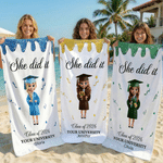 Personalized Grad Cap Cartoon Character Oversized Quick Dry Beach Towel with Name and Year Summer Vacation Beach Party Graduation Gift for Graduates