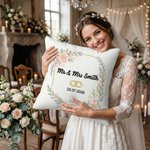 Personalised Faux Embroidered Print Wedding Rings Soft Cushion Cover with Name and Date Wedding Anniversary Gift for Couples Newlyweds