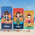 Personalised Sunset Cartoon Character Magnetic Quick-Drying Beach Towel with Name Beach Party Summer Vacation Gift for Kid Family