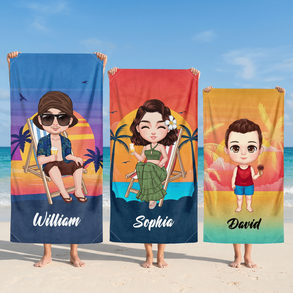 Personalised Sunset Cartoon Character Magnetic Quick-Drying Beach Towel with Name Beach Party Summer Vacation Gift for Kid Family